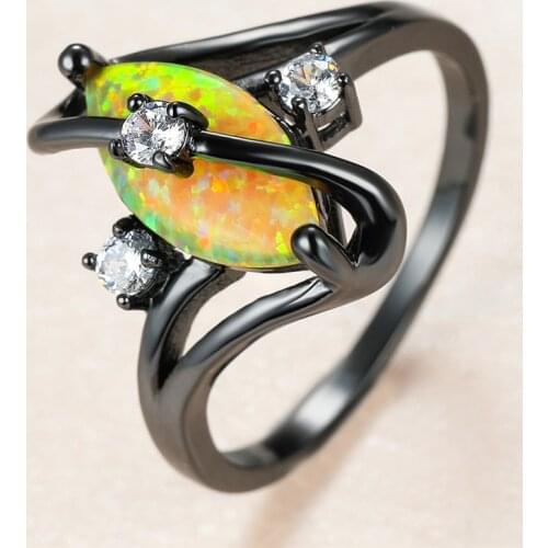 Vintage Female Leaf Opal Stone Ring Charm 14KT Black Gold Wedding Rings For Women Dainty White Round Zircon Engagement Ring