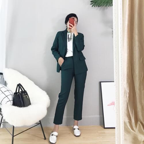 Two piece set top and pants new fashion elegant pioneer temperament suit black dark green suit nine pants womens two-piece suit