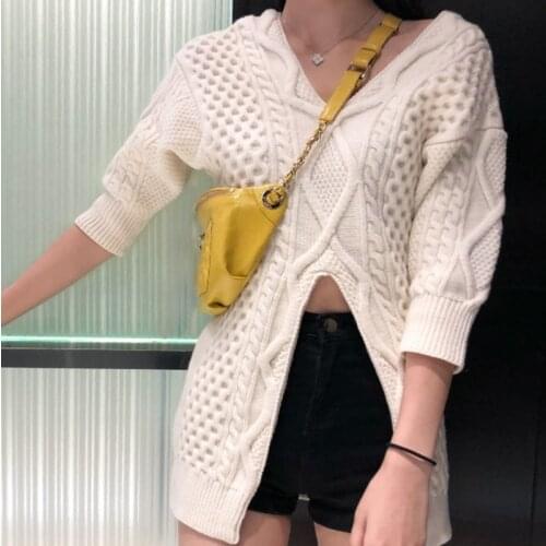 Sensuality Woman Sweater Midriff-Baring Slit HALFLONG KNTS Winter The Fairy Van Medium Style Cable- Knit Collect Waist WLYWEND