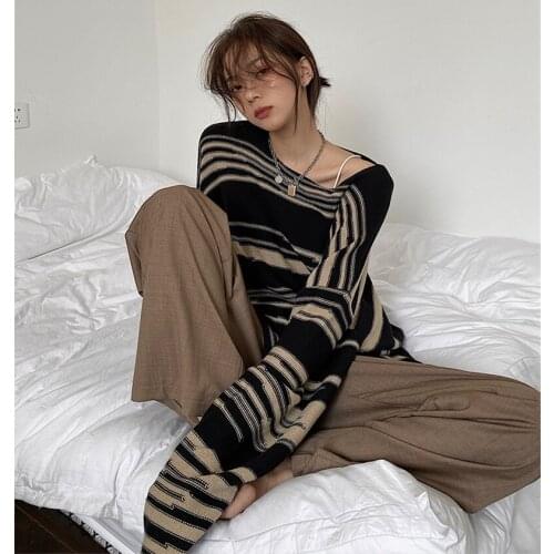 LMQ NEW Women Punk Gothic Striped Long Sleeve Loose Patchwork Sweater Hip Hop Retro Oversize Pullover Casual Knitted Jumpers