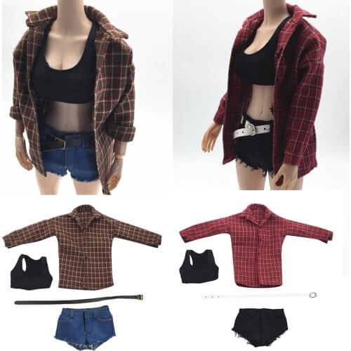 1/6th Woman Vest Top T-shirts Belt Plaid Shirts Long Sleeve for 12'' Figure