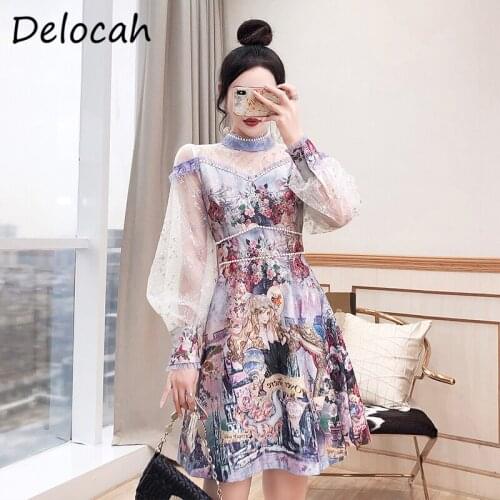 Delocah New 2021 Autumn Women Fashion Designer Party Midi Dress Lantern Sleeve Gorgeous Beading High Waist Print Ladies Dresses