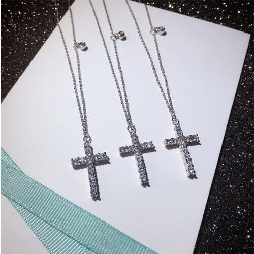 Cross Charm Necklace with Clear Zircon Elements Crystals Pendant Womens Round Real 925 Sterling Silver Genuine Cross Necklace
