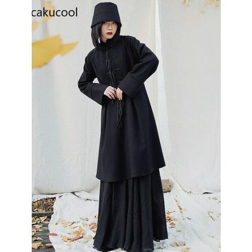 Cakucool Winter Chinese style retro fishtail woolen womens lace mid-length dark Hepburn dress