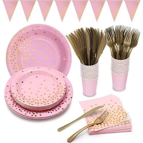 10Pcs Party Pink Gold Point Dot Plates Cups Napking Knife Fork Spoon Disposable Cutlery Thickening Dishes Tray For Picnic
