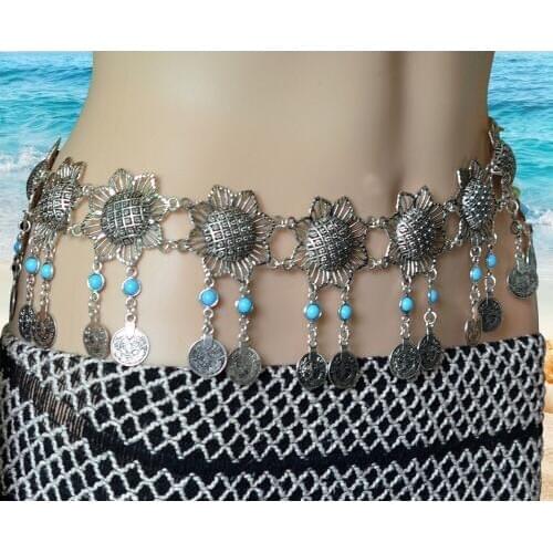 Bohemian Gypsy Belly Waist Chain Inlay Blue Stone Carved Flower Tassel Coins Beach Dance Belt Body Chain Indian Jewelry