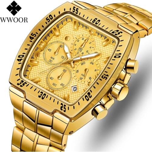 WWOOR Luxury Gold Full Steel Watches Mens 2021 Sports Chronograph Quartz Wristwatch Square Fashion Waterproof Relogio Masculino