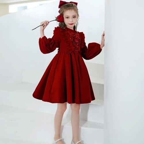 Flower Girl Dresse Simple O-Neck Three Quarter Princess Knee-Length Jersey Sequined Luxury Red Cute Vintage Kids Party Gown H167