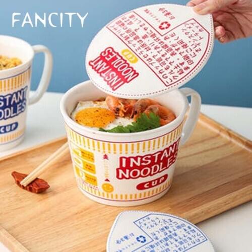 FANCITY Japanese Instant Noodle Bowl Instant Noodle Cup Ceramic Ramen Bowl with Lid Creative Personality Household Large Instant