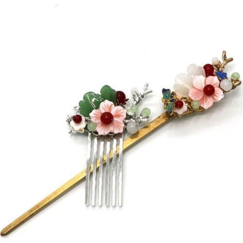 Ethnic Pink Bridal Floral Hair Comb Hair Stick Vintage One Set Headdress Ethnic Multicolor Headpiece Female Jewelry Women Gift