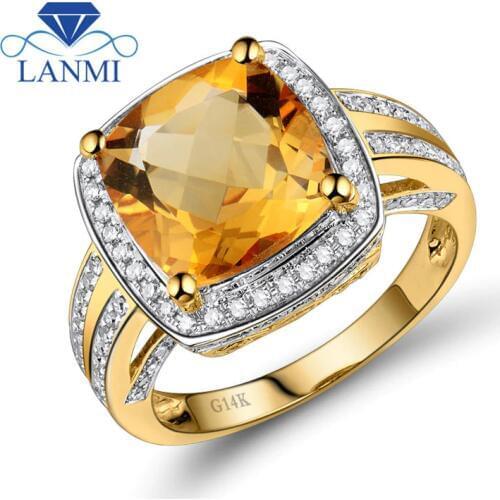 LANMI Fine Jewelry Rings Vintage Cushion 10mm Citrine And Diamond Ring 14k Yellow Gold Natural Gemstone Ring For Sale WU031