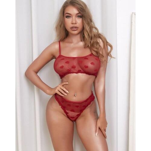 Sexy Womens Love Heart Mesh Underwear Set Lace Erotic Lingerie Bra and panty Set Female See through Panties Women 2 pieces