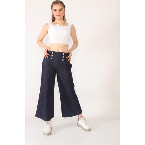 Corsage Belt Raw Washed Dark Blue Jeans Pant for Women Streetwear Loose Female Denim Jeans Buttons Ladies Jeans