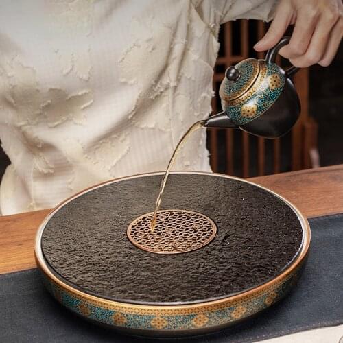 Round Chinese Tea Tray Stone Kung Fu Tea Set Vintage Water Storage Tea Tray Table Decor Bandeja Bambu Teaware Tools DI50CP