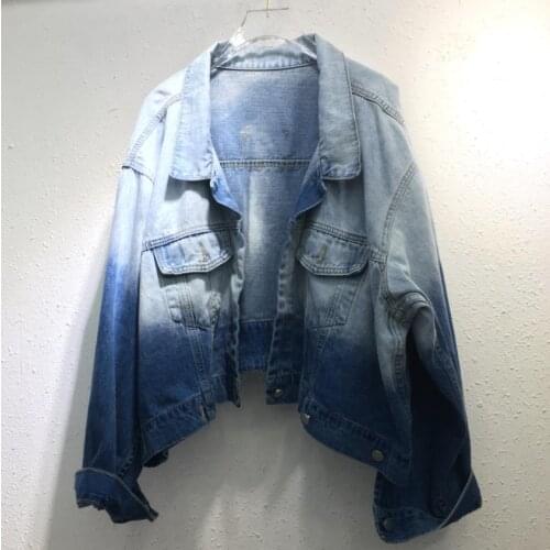 Spring New Female Loose Long Sleeve Denim Jacket Gradient Color Lapel Short Jean Coat 2021 Fashion Casual Outerwear y993