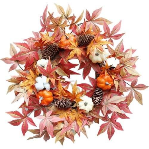 LUDA Fall Wreath Autumn Artificial Pumpkin Cotton Pine Cone Maple Leaves Harvest Wreath For Front Door Thanksgiving Decor