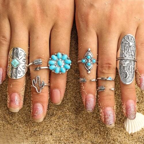 JI84FH Bohemian Tribal Turquoise Stackable Rings Set, Hippie Stack Rings Set of 9 Pieces Gypsy Cactus Thumb, Midi Jewelry Beach