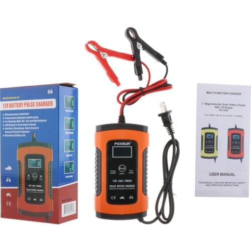 LCD Display Full Automatic Car Motorcycle Battery 12V 5A Amp Power Charger Wet Dry Lead Acid with Cable Clamps EU Plug