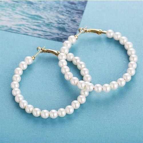 QCOOLJLY Oversize Pearl Hoop Earrings For Women Girl Unique Big Earrings Circle Earring Brinco Statement Fashion Jewelry