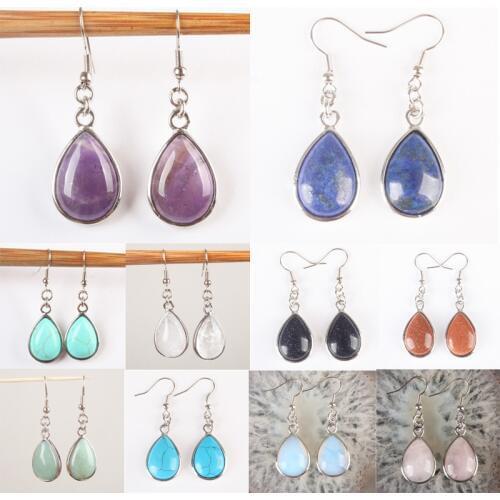 Charm Amethysts Lapis Lazuli Howlite Turquoises Rose Pink Quartz Clear Crystal Opal Drop Inlaid Hook Dangle Earrings 1 Pair