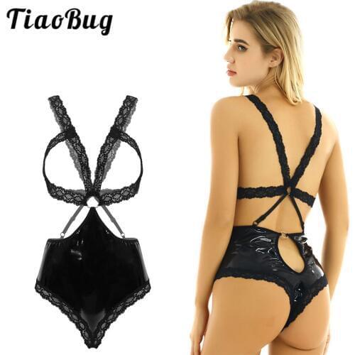 TiaoBug Women One-piece Lingerie Patent Leather Floral Lace Splice Open Cups Topless Monokini Swimsuit Sexy Bodysuit Nightwear