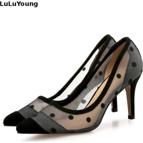 Lace 8 Cm High Heel Size 44 Black Hollowed Point Toe Dot Sexy Pumps Shoes Fashion Woman