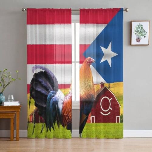 Farm Rooster Puerto Rico Flag Tulle Sheer Window Curtains for Living Room Bedroom Modern Tulle Voile Curtains Drapes Decoration