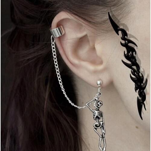 Vintage Punk Silver-Color Skull Skeleton Pendant Dangle Earrings For Women Hip-hop Long Chain Tassel Asymmetry Ear Jewelry Gifts