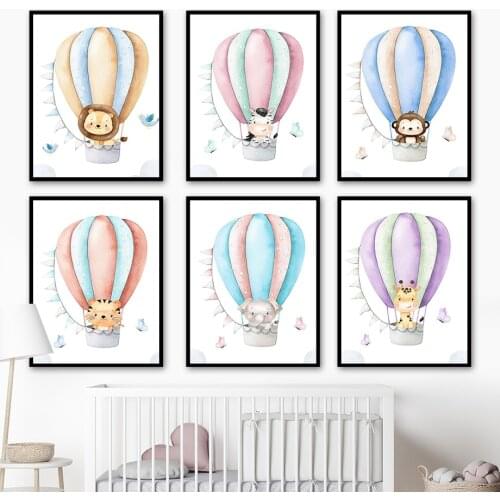 Hot Air Balloon Giraffe Lion Zebra Cartoons Wall Art Canvas Painting Nordic Posters And Prints Wall Pictures Kids Room Decor
