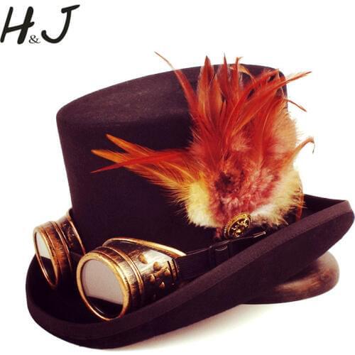 15CM Top Hat Wool Women Men Fedora Hat Handmade Steampunk Gear Glasses Feather Magician Cosplay Caps 4 Size