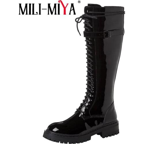 MILI-MIYA Hot Sale Chunky Heel Platform Top Quality Leather Knee High Boots Women Lace Up Zipper 2022 Round Toe Casual Shoes