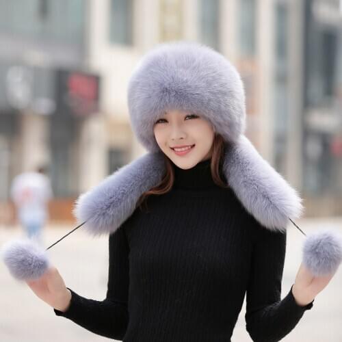 Womens Natural Winter Hats for Fur Scarf Large Fox Pompom Women Streetwear Hat with Ears Warm Gorro MY807