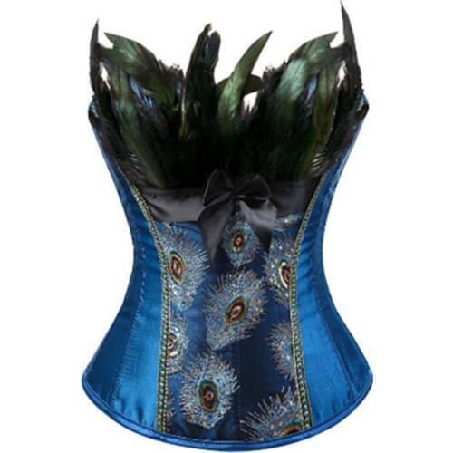 S-6XL feather corsets bustiers top peacock embroidery brocade burlesque halloween overbust corset pattern womens sexy exotic