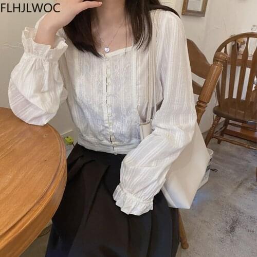 Cute Square Collar Fairy Lace Short Crop Tops Blusas Womens Single Breasted Korean Clothing Preppy Lolita Shirt Blouse Flhjlwoc