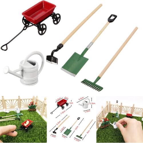 1/12 Miniature Dollhouse Set Fairy Garden Equipment Tools Simulation Watering Can Red Cart Rake Shovel Dollhouse Accessories