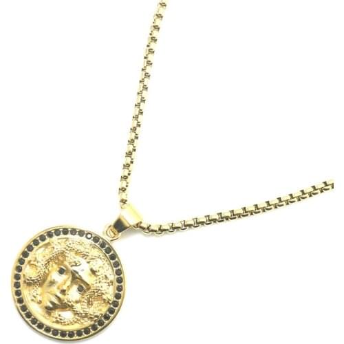 316L Stainless Steel Cool Gold-Color Medusa Black Stone Pendant Chain