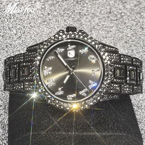 Hip Hop MISSFOX Black Male Watches Luxury Brand Bling Diamond Quartz Mens Business Watch Waterproof Steel Male Jewelry Clocks