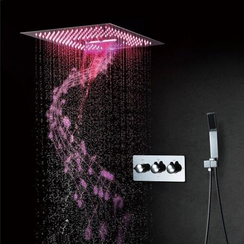 Rain Shower Panel LED Bluetooth Music Shower Systems Waterfall Massage Shower Faucets Set 400mm Chrome Showerheads Rainfall