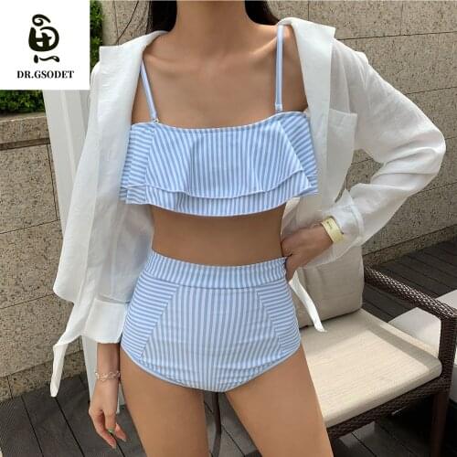 GSODET Bikini Set 2021 College Style Women Summer Striped Ruffled Push-Up Swimsuit Student Bathing Suit Swimwear Beachwear