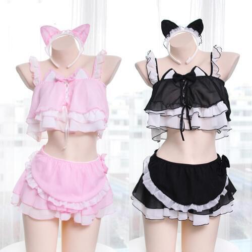 Sexy Lolita Women 6Pcs Lingerie Set Kawaii Cat Girls Ruffles Camisoles & Skirt Set Underwear Japan Cosplay Sleepwear Night skirt