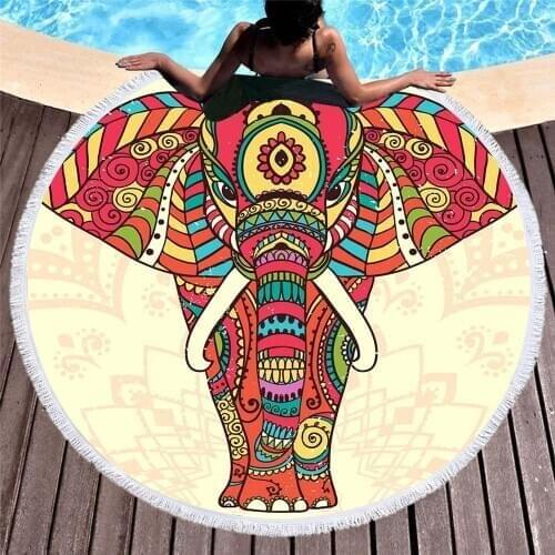 Elephant Mandala Round Beach Towel for Adults Boho Microfiber Bath Towel Tassels Bohemian Yoga Mat toalha praia T106