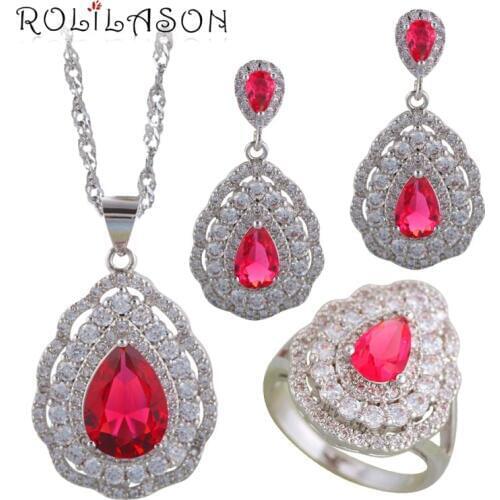Ayowei Silver Stamped Fashion Earring Necklace Ring Red Zicon White Crystal Water drop Jewelry Sets Sz #6#7#8#9#10 JS701A