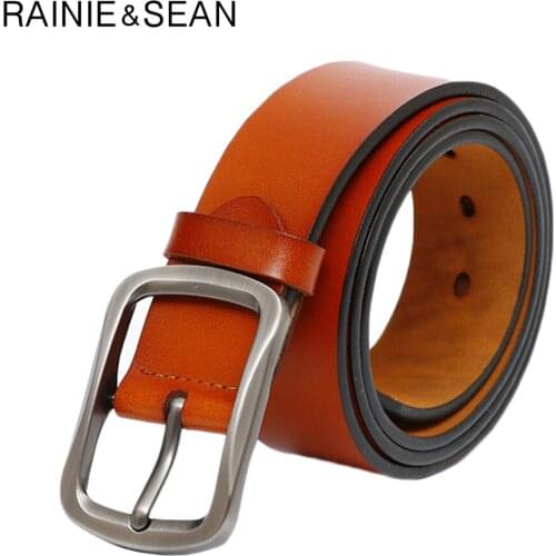 RAINIE SEAN Pin Buckle Leather Belt Men Vintage Brown Belt For Jeans Real Leather Cowhide Classic Male Accessories Belt 130cm