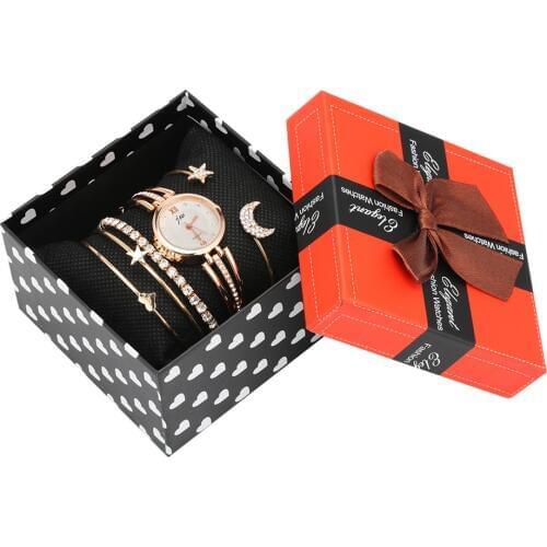 6pc/Set Watch Bracelet Sets Rose Gold Womens Luxury Diamond Dial Watch Creative Star Heart bling bling Open Cuff Bangle Box Set