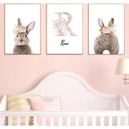 Baby Girls Custom Name Rabbit Poster Pink Flower Wall Art Canvas Painting Nordic Wall Pictures Nursery Prints Kids Room Decor