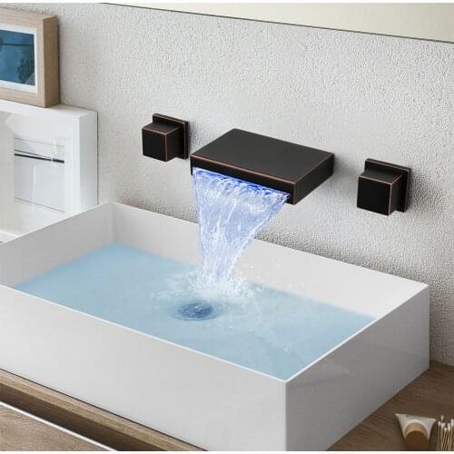 Luxury Brass Bathroom sink faucet Wall Mounted ORB/Chrome LED Waterfall Cold hot water Basin Tap 2 Handles 3 Holes Bath faucet