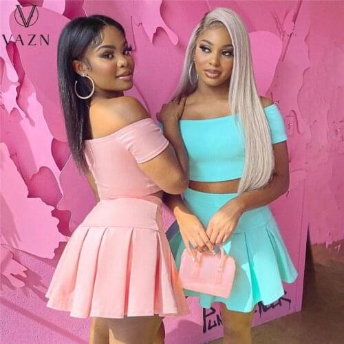 VAZN 2021 New Arrival Sexy Beach Set O-neck Short Sleeve Top Mini Skirts High Waist Skinny Women 2 Piece Set