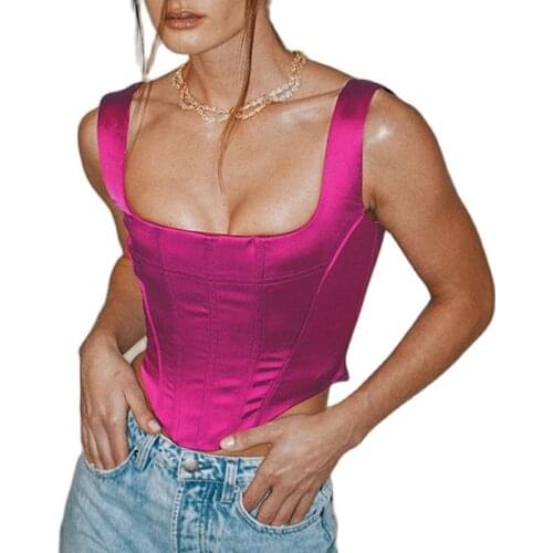 TYJTJY Square Collar Satin Sexy Backless Bustier Corset Crop Tops Women Sleeveless Summer Top Cropped Club Fashion Outfit