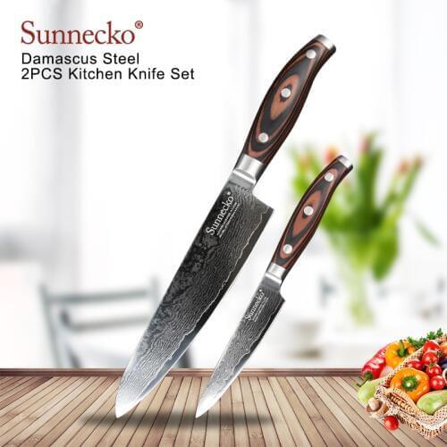 SUNNECKO 2PCS Kitchen Knives Set Chef Utility Knife Japanese Damascus VG10 Steel Sharp Pakka Wood Handle Cutting Tool X-mas Gift