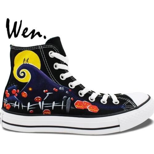 Wen Hand Painted Shoes Design Custom Nightmare Before Christmas Men Womens Black High Top Canvas Sneakers for Gifts
